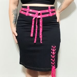 Y2K Tripp Pink Lace Up Strappy Black Pencil Skirt Size 12